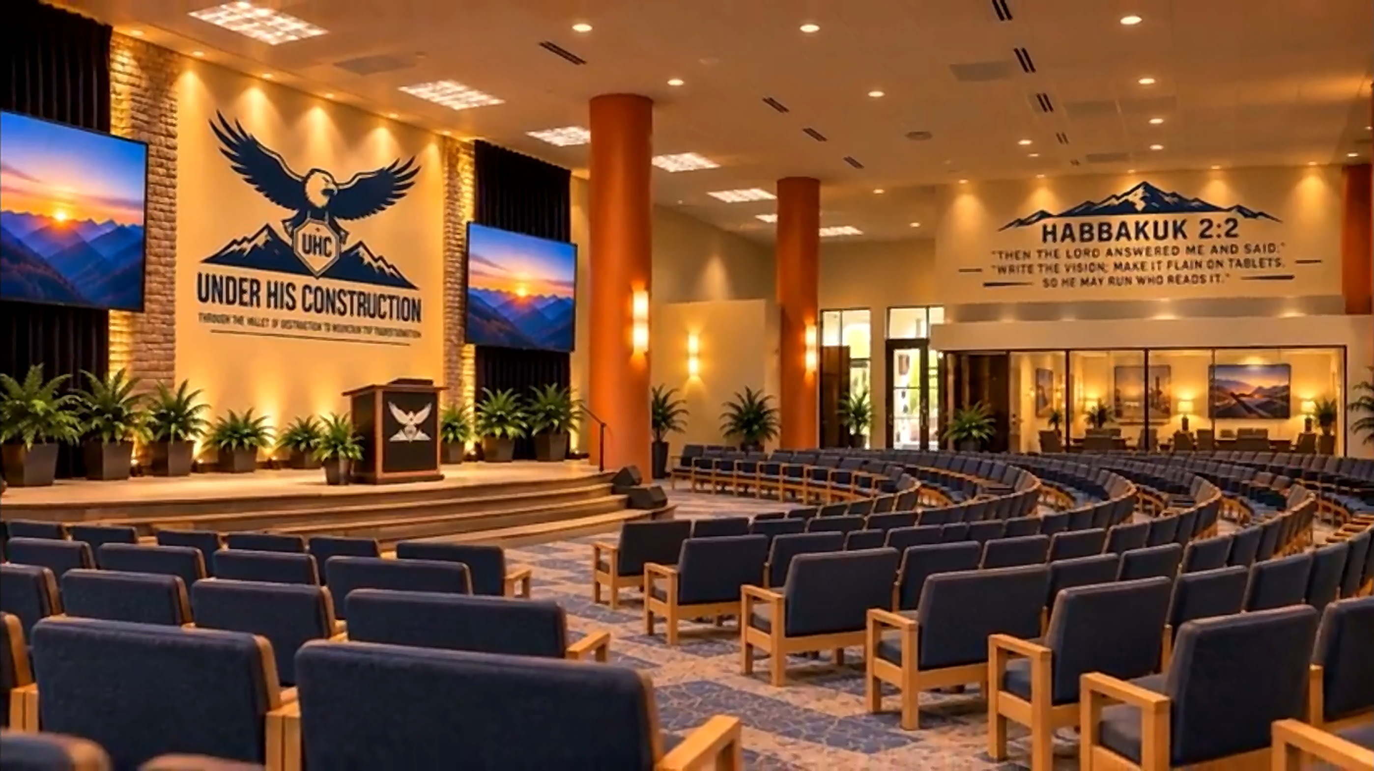 Sanctuary with rows of chairs facing the platform and UHC logo