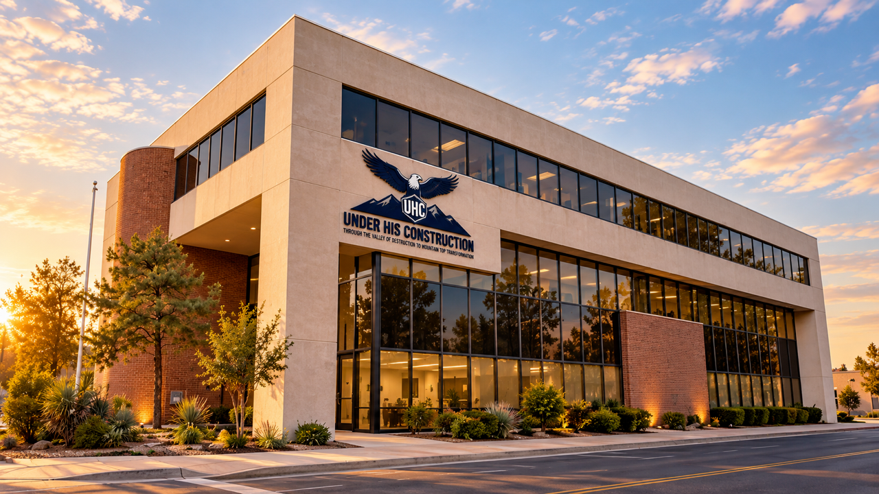 The Under HIS Construction building at sunset, with the UHC eagle logo above the glass entrance