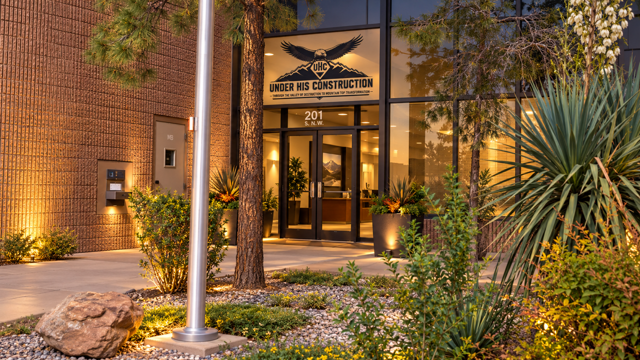 The lit front entrance of the UHC building at 201 S.W., framed by desert plants and pine trees
